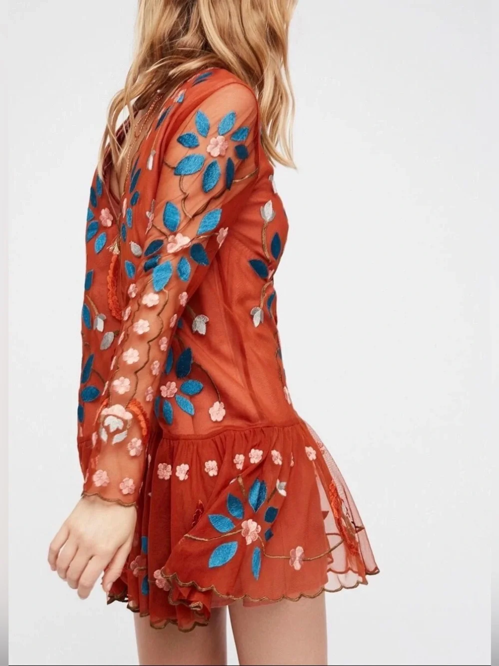 EUC Free People Hearts are Wild Burnt Orange Embroidered Dress Small